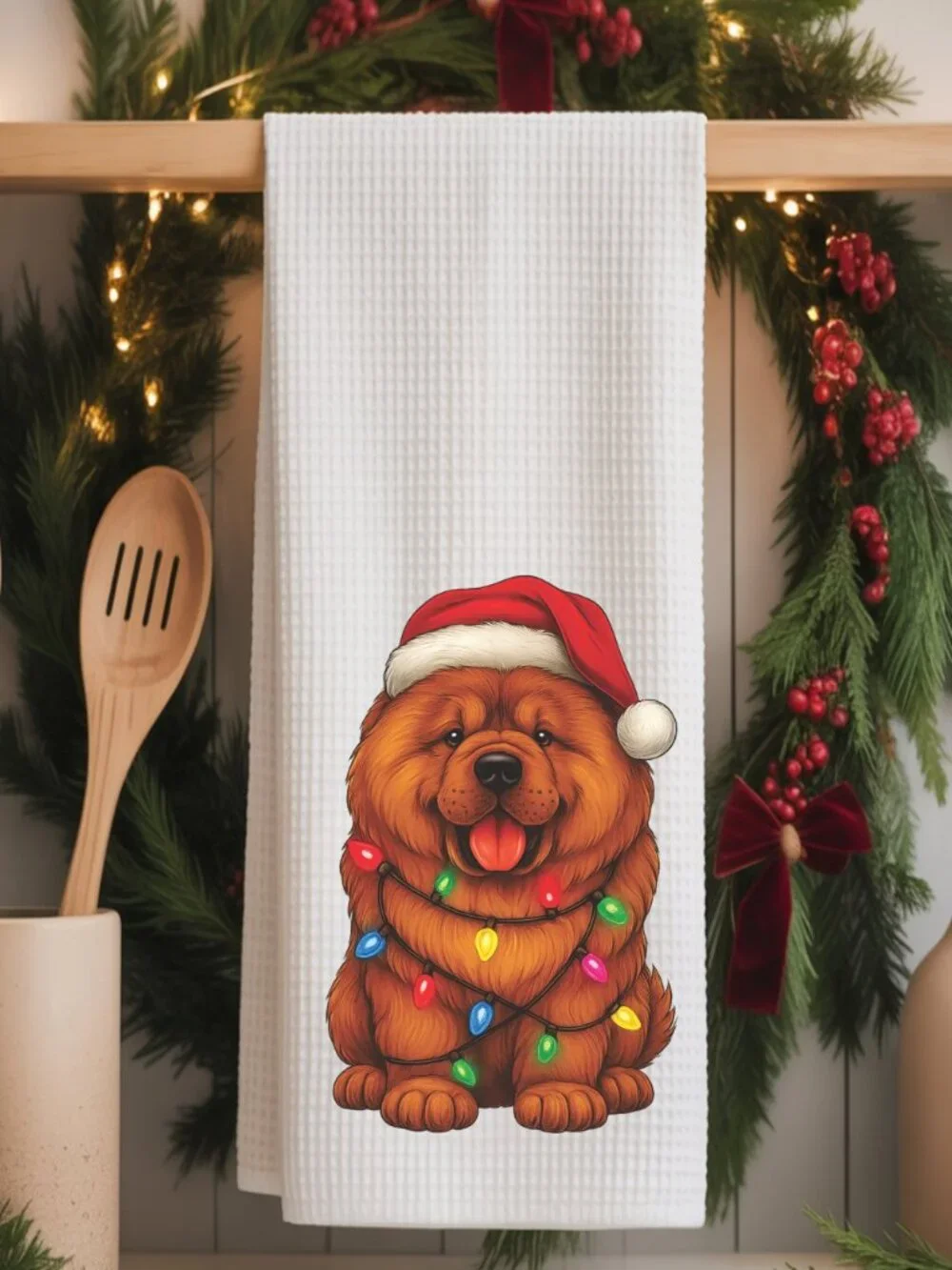 Chow Dog Christmas Lights Decorative Kitchen Tea Towel